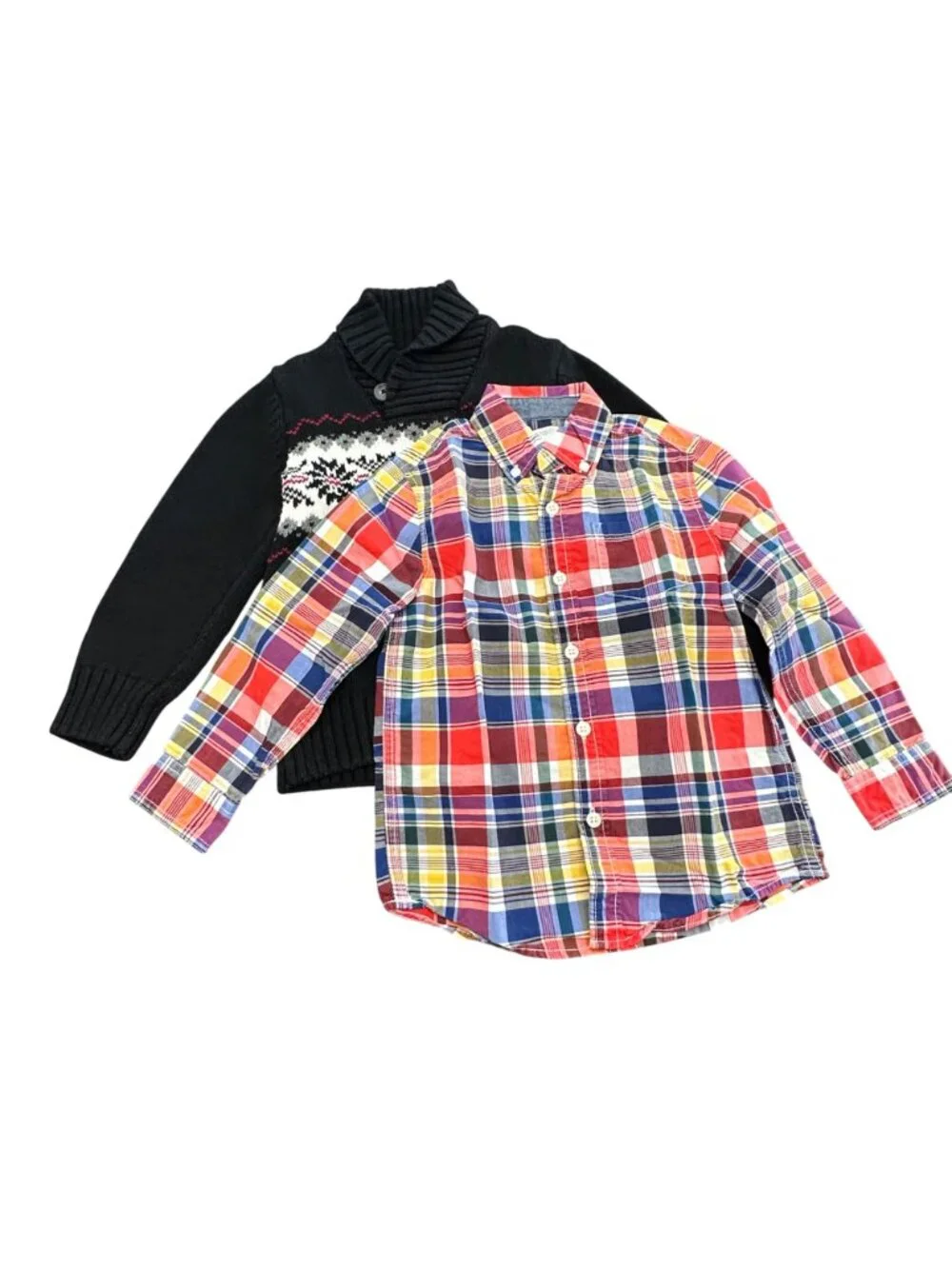 Lot of 2 Gymboree Sweater Shirt Boy 4 XS Black Red Plaid Snowflake Long Sleeve